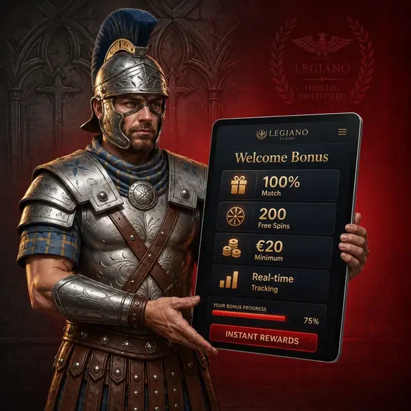 Římský centurion předvádí mobilní aplikaci Legiano s uvítacím bonusem a sledováním okamžitých odměn