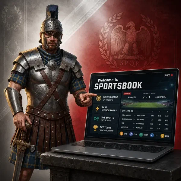 Římský centurion gestikulující na rozhraní sportovního sázení Legiano Sportsbook s živými údaji o zápase