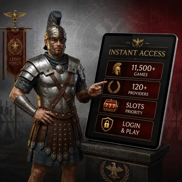 Legiano Centurion gestikuluje u herního tabletu, když hráč získává okamžitý přístup k obrovské lobby