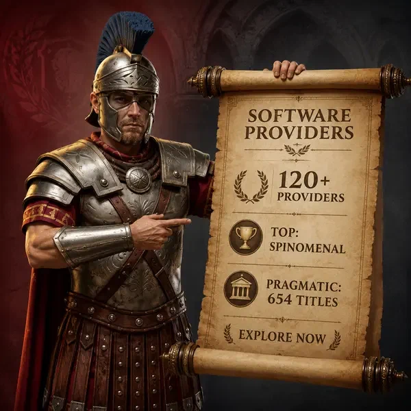 Římský centurion kontrolující svitek poskytovatelů softwaru Legiano se 120+ herními možnostmi